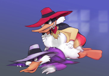 anal anthro beak bodily_fluids clothing cum duo genital_fluids hat headgear headwear male male/male male_penetrated male_penetrating male_penetrating_male orgasm penetration sex unsigned dangpa darkwing_duck disney ducktales drake_mallard negaduck anatid anseriform avian bird duck 2014
