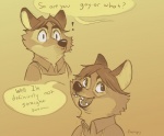 anthro apron black_nose clothed clothing dialogue exclamation_point eyebrows fur male offscreen_character open_mouth question question_mark shirt shocked simple_background solo speech_bubble stated_homosexuality stated_sexuality teeth text tongue topwear chumpy disney zootopia gideon_grey canid canine fox mammal red_fox true_fox 2016 english_text