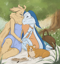 4_arms antennae_(anatomy) anthro arthropod_abdomen bagel basket bedding blanket blue_clothing blue_dress bread clothing container digit_ring dress duo exoskeleton eye_patch eyewear female female/female feral fluffy food glasses grass hand_holding happy jewelry married_couple missing_eye multi_arm multi_limb neck_tuft orange_clothing orange_dress picnic picnic_basket plant ring sundress tuft wearing_glasses wedding_ring white_body wings yellow_body september_(artist) eris_voltia-softcoat iris_voltia-softcoat arthropod canid canine canis domestic_dog domestic_silk_moth herding_dog insect lepidopteran mammal moth pastoral_dog welsh_corgi hi_res