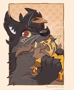 ambiguous_gender anthro cheese dairy_products eating eating_food food fur grilled_cheese hair holding_object nude sandwich_(food) simple_background solo bunzillaking korwin binturong mammal viverrid absurd_res hi_res
