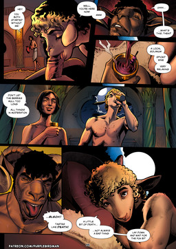 5_fingers anthro arm_wraps balls bed bed_sheet bedding bedroom big_muscles black_hair blonde_hair brown_body butt chest_scar clothing container cup curly_hair detailed_background detailed_eyes dialogue discarded_footwear disgust disgusted_face drinking duo eyebrows facial_scar fantasy fellatio femboy fingers furniture genitals group hair holding_container holding_cup holding_object horn inside jewelry looking_at_another lying male male/male moon muscular muscular_anthro muscular_male necklace night nude nude_anthro nude_male on_back on_bed oral pale_body penile penis pose posing_nude pouring_liquid scar sex sheep_horns size_difference smile solo speech_bubble teeth text thick_eyebrows tongue tongue_out touching_penis trio walk-in wraps purplebirdman bovid caprine human mammal sheep 2023 better_version_at_paywall colored comic detailed digital_drawing_(artwork) digital_media_(artwork) english_text multiple_scenes shaded url