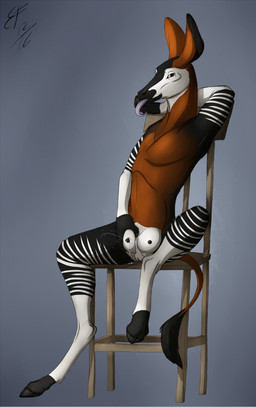 anthro biped black_body black_fur black_hooves bodily_fluids brown_body brown_fur brown_tail chair female front_view fur furniture genitals gloves_(marking) grey_background grey_tongue hand_behind_head hooves lactating long_tongue looking_at_viewer markings milk multicolored_body multicolored_fur nude pose simple_background sitting snout solo striped_body striped_fur stripes tail tail_tuft teats tongue tongue_out tuft vulva white_body white_fur white_stripes lizet illah_oakridge giraffid mammal okapi 2016 digital_media_(artwork) full-length_portrait hi_res pinup portrait signature