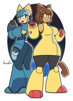 anthro arm_cannon big_breasts big_butt biped breasts brown_ears brown_hair brown_tail butt clothed clothed_anthro clothed_female clothing cute_fangs duo fangs female female_anthro green_eyes hair open_mouth ranged_weapon red_eyes standing tail teeth tongue weapon weapon_arm whiskers yellow_sclera jhenightfox gameoverse glitch_productions kit_bodega domestic_cat felid feline felis mammal 2026 absurd_res hi_res