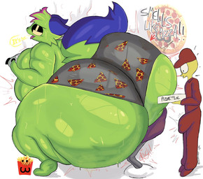 ambiguous_gender anthro big_butt biped bodily_fluids butt clothing duo food fries fur gaming green_body green_fur huge_butt huge_hips huge_thighs hyper hyper_butt hyper_hips hyper_thighs markings musk open_mouth pizza simple_background sweat sweatdrop thick_thighs tongue underwear wide_hips yoshuacomoyoshu don't_touch_my_pizza_(meme) nyanwolf kevin_(nyanwolf) canid canine canis mammal wolf 2026 digital_media_(artwork) hi_res