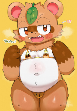 anthro arms_bent bikini bodily_fluids brown_body chibi clothed clothing countershading cute_fangs fangs gloves_(marking) kemono leaf leaf_on_head looking_at_viewer male markings navel open_mouth skimpy slightly_chubby solo steam sweat swimwear teeth text two-piece_swimsuit white_body white_countershading dinogaize canid canine mammal raccoon_dog 2025 japanese_text translated