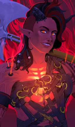 2_horns armband axe black_armband black_clothing black_topwear breasts broken_horn clothed clothed_female clothed_humanoid clothing eyelashes eyes_back fangs female female_humanoid hair horn humanoid_pointy_ears light lips long_hair looking_at_viewer multicolored_hair not_furry pointy_ears pupils red_background red_body red_eyes red_hair red_lips red_skin simple_background slit_pupils smile smiling_at_viewer smoke solo teeth toothy_smile topwear weapon weapon_on_shoulder inkarat_mittongtare baldur's_gate baldur's_gate_3 larian_studios karlach horned_humanoid humanoid tiefling 2023 absurd_res clip_studio_paint_(artwork) colored digital_drawing_(artwork) digital_media_(artwork) english_description half-length_portrait hi_res lighting portrait shaded