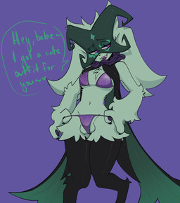 anthro ball_slip balls bikini breasts chest_tuft clothing dialogue fur genitals green_body green_fur gynomorph ineffective_clothing intersex mask purple_bikini purple_clothing purple_eyes purple_swimwear small_breasts solo swimwear text tuft two-piece_swimsuit meekzhyu nintendo pokemon black_rose_(meekzhyu) generation_9_pokemon meowscarada pokemon_(species) absurd_res english_text hi_res