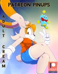 abstract_background absurd_res aged_up anthro big_ears bigdon1992 bottomwear bow_tie breasts brown_body brown_eyes brown_fur brown_nose chao_(sonic) cheek_tuft cheese_the_chao clothed clothing countershade_face countershading cover cream_the_rabbit crossed_legs digital_media_(artwork) dipstick_ears duo ear_markings english_text eyelashes facial_tuft female floating floppy_ears footwear fur gesture gloves hair hand_gesture handwear hi_res hotpants lagomorph leporid long_ears looking_at_viewer low-angle_view male mammal multicolored_ears necktie orange_hair patreon patreon_logo pink_inner_ear pose rabbit scut_tail sega shirt short_hair short_tail shorts smile sonic_the_hedgehog_(series) tail tan_body tank_top text thick_thighs topwear tuft url v_sign white_body white_countershading