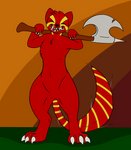 ambiguous_gender anthro axe biped claws featureless_crotch feral flat_chested fur markings melee_weapon navel nude red_body red_fur smile solo spikes striped_markings striped_tail stripes tail tail_markings teeth weapon axentooth sabrina_(axentooth) canid canine fox mammal