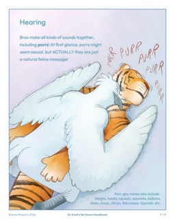 5_fingers anthro balls beak bold_text border cuddling duo eyebrows feathers fingers genitals head_feathers holding_both_legs holding_both_thighs male male/male markings orange_body orange_skin purring simple_background striped_markings stripes text tremble_lines vibrating whisker_spots white_body white_border white_feathers wings sharkinthepark avian bird felid mammal pantherine tiger 2026 4:5 absurd_res hi_res