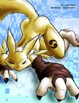 all_fours anthro ass_up bandai_namco black_sclera blue_eyes butt canid canine claws copyright_symbol crawling digimon digimon_(species) female fur mammal renamon solo symbol syrinoth tail text tomoe_(symbol) yellow_body yellow_fur