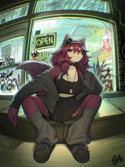 anthro big_breasts bottomwear breasts broken_glass brown_body brown_eyes brown_fur brown_hair clothing female footwear fur glass graffiti hair hat headgear headwear jacket leg_warmers legwear night shoes skirt smile solo topwear sleakj3 mammal 3:4 full-length_portrait hi_res portrait