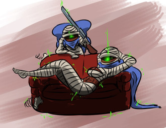 1_eye ambiguous_gender backpack bandage breasts cleavage clothed clothing dark_body dark_skin duo female furniture glowing glowing_eyes green_eyes gun male not_furry ranged_weapon scarf sofa weapon daclusia nuclear_throne rebel_(nuclear_throne) cyclops humanoid mummy undead