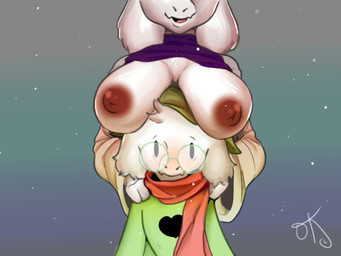 anthro areola big_breasts boob_hat breasts brown_areola brown_nipples clothed clothing duo eyewear female fur glasses male male/female nipples open_mouth scarf white_body white_fur the_kangourou deltarune undertale_(series) ralsei toriel bovid caprine darkner goat mammal 2021 4:3 digital_media_(artwork) signature