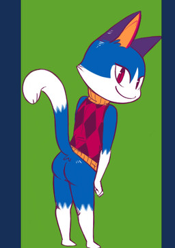 ambiguous_gender anthro biped blue_body blue_fur bottomless bottomless_ambiguous bottomless_anthro butt closed_smile clothed clothing dipstick_tail feet fur glistening glistening_eyes gloves_(marking) green_background head_turned iris leg_markings looking_at_viewer markings mouth_closed multicolored_body multicolored_tail noseless plantigrade presenting presenting_hindquarters pupils raised_tail red_eyes simple_background sleeveless_shirt sleeveless_turtleneck slit_pupils smile smiling_at_viewer socks_(marking) solo standing sweater tail tail_markings topwear turtleneck two_tone_tail white_body white_fur white_sclera reality_undoer animal_crossing nintendo rover_(animal_crossing) domestic_cat felid feline felis mammal 2015 alpha_channel digital_drawing_(artwork) digital_media_(artwork) flat_colors full-length_portrait portrait male_(lore)