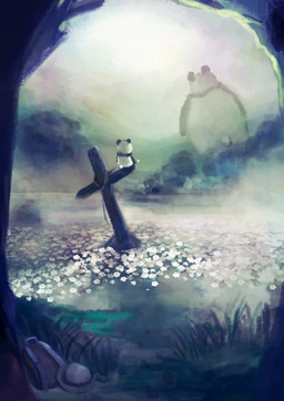 anthro backpack black_body black_fur clothing detailed_background duo flower fog footprint fur grave hat headgear headwear outside plant sitting slightly_chubby white_body white_fur araru bear giant_panda mammal 2019 hi_res