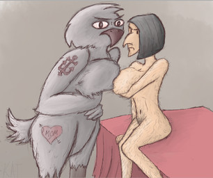 4_fingers anchor_tattoo annoyed anthro anthrofied arm_hair arm_tattoo arm_under_breast beak beak_closed bed belly_hair bent_arm bent_legs big_breasts big_nose black_eyebrows black_eyes black_hair black_pubes body_hair breast_squish breasts breasts_frottage closed_frown crossgender dot_eyes duo eyebrows feather_hair feather_tattoo feathers featureless_crotch female female_anthro female_human fingers frown frowning_at_viewer furniture furro grey_background grey_beak grey_body grey_feathers grey_hair grey_tail grey_tail_feathers hair heart_tattoo inside larger_anthro larger_female leg_hair leg_tattoo light looking_at_viewer male male/female mouth_closed mtf_crossgender navel non-mammal_breasts nude nude_anthro nude_female nude_human on_bed pointy_nose pseudo_hair pubes red_blanket short_hair simple_background simple_eyes sitting sitting_on_bed size_difference smaller_female smaller_human squish standing tail tan_body tan_skin tattoo text thigh_tattoo kalmasis harry_potter_(series) hedwig_(harry_potter) severus_snape avian bird horned_owl human mammal owl snowy_owl true_owl 2010 colored digital_drawing_(artwork) digital_media_(artwork) english_description english_text lighting shaded