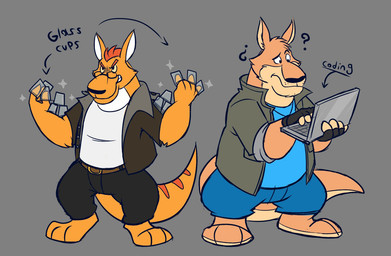 anthro bottomwear brown_body clothing computer duo electronics humanoid_hands male pants shirt simple_background slightly_chubby text topwear glassesgator brok_the_investigator cowcat_games fan_character sin_silver kangaroo macropod mammal marsupial 2024