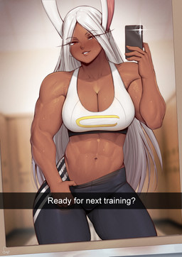 abs bangs biceps blush blush_lines bodily_fluids bottomwear bra breasts broad_shoulders brown_body brown_skin cellphone cleavage clothed clothing cocked_hip deltoids electronics eyelashes female hair long_eyelashes muscular muscular_female navel pants phone selfie smartphone solo sports_bra sweat text underwear vein white_hair speedl00ver my_hero_academia rumi_usagiyama animal_humanoid humanoid lagomorph lagomorph_humanoid leporid_humanoid mammal mammal_humanoid rabbit_humanoid 2023 absurd_res english_text hi_res
