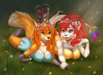 anthro big_breasts breasts brown_eyes clothed clothing duo eyelashes female fur grass green_eyes hair lying on_front orange_body orange_fur orange_hair plant smile aimi kelly_chambers_(shadowolfox) tessa_cordova canid canine felid fox mammal 2017 digital_media_(artwork)