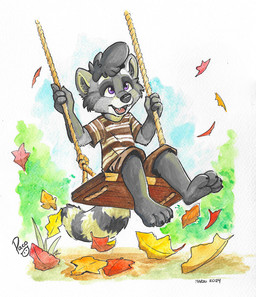 anthro barefoot bottomwear brown_bottomwear brown_clothing brown_shirt brown_shorts brown_t-shirt brown_topwear clothed clothing fangs feet front_view fur glistening glistening_eyes grey_body grey_fur grey_hair hair happy leaf logo looking_up male male_anthro open_mouth open_smile outside pattern_clothing pattern_shirt pattern_t-shirt pattern_topwear purple_eyes shirt short_hair shorts sitting smile solo striped_clothing striped_shirt striped_t-shirt striped_topwear stripes swing t-shirt teeth topwear whiskers white_clothing white_shirt white_t-shirt white_topwear young young_anthro young_male pandapaco mammal procyonid raccoon 2024 artist_logo dated signature