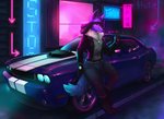 3_toes 4_fingers anthro car city clothed clothing detailed_background feet fingers male night outside smile solo synthwave toes vehicle taurusart dodge_(brand) nintendo pokemon lionel_aurastar generation_4_pokemon lucario pokemon_(species) digital_media_(artwork) hi_res