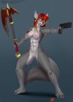 abs anthro axe blush breasts copyright_symbol female genitals gun hair handgun innie_pussy melee_weapon muscular muscular_anthro muscular_female nipples nude open_mouth pistol plump_labia pussy ranged_weapon red_hair solo symbol tattoo weapon doomthewolf blinkblinkblink valkairis_sarikblod canid canine canis mammal wolf 2018 hi_res