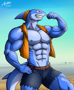 abs anthro biceps blue_body bottomwear clothed clothing male multicolored_body muscular muscular_anthro muscular_male navel nipples orange_clothing pants pecs red_eyes solo teeth teeth_showing topwear two_tone_body vest alkan rova_(alkan) aquatic fish shark 2026 absurd_res hi_res