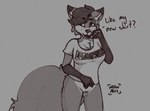 anthro bottomless clothed clothing dialogue female genitals grey_background hair leg_markings looking_at_viewer markings pussy shirt simple_background smile socks_(marking) solo suggestive_shirt suggestive_topwear text text_on_clothing text_on_shirt text_on_topwear topwear mewmus honey_(mewmus) canid canine fox mammal 2021 english_text