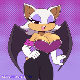 anthro armwear bouncing_breasts breasts cleavage clothed clothing elbow_gloves eyeshadow female fur gloves handwear looking_at_viewer makeup one_eye_closed open_mouth open_smile simple_background smile solo tan_body tan_skin white_body white_fur wings wink scruffmuhgruff sega sonic_the_hedgehog_(series) rouge_the_bat bat mammal 1:1 2024 animated animated_gif short_playtime signature