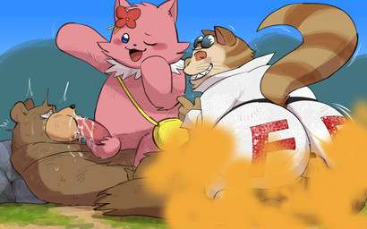 anthro belly big_butt blue_eyes blue_sky blush bodily_fluids butt clothing cum cum_inside detailed_background dominant dominant_male eyewear facesitting fart fart_cloud fart_fetish farting_on_another farting_on_face fellatio flower fluffy fluffy_tail fur genital_fluids glasses glitter grass group huge_butt hyper hyper_butt larger_sub looking_back looking_down male male/male markings oral penetration penile penile_penetration pink_body pink_fur plant red_sclera rock sex shaking shoulder_bag sitting sitting_on_another size_difference sky smaller_male smaller_rimmed spiral spiral_eyes striped_body striped_fur striped_markings striped_tail stripes submissive submissive_anthro submissive_male sweat tail tail_markings tears teeth tongue tongue_out toothy_fellatio tree whiskers white_body white_fur white_fur_tuft hisashino amagi_brilliant_park famous_fred tirami bear canid canine canis domestic_cat domestic_dog felid feline felis mammal pomeranian spitz 16:10 absurd_res comic digital_media_(artwork) hi_res widescreen