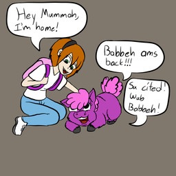 accessory adolescent black_headband black_hooves bottomwear brown_hair clothed clothed_human clothing denim denim_bottomwear denim_clothing dialogue footwear fully_clothed fully_clothed_human fur grey_background hair hair_over_eye headband hooves jeans kneeling looking_at_another open_mouth open_smile pants pink_background pink_hair pink_tail purple_body purple_fur role_reversal shirt shoes short_hair simple_background smile t-shirt tail text topwear white_clothing white_footwear white_shirt white_shoes white_t-shirt white_topwear young young_human qwertytf fluffy_pony fluffy_pony_(species) human mammal 1:1 2025 broken_english digital_drawing_(artwork) digital_media_(artwork) english_text flat_colors hi_res