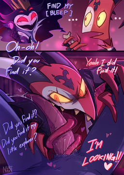 anthro bodily_fluids dialogue duo erection genital_fluids genitals leaking_precum long_tongue male male/male oral penis precum saliva saliva_on_penis saliva_on_tongue sex slit_play tapering_penis text tongue tongue_around_penis tongue_out tonguejob nurinaki hellaverse helluva_boss blitzo_(helluva_boss) stolas_(helluva_boss) avian demon comic english_text hi_res