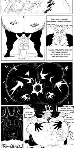 anthro antlers belly big_belly bodily_fluids bottomwear bruised bruised_belly cape clothed clothed_anthro clothed_female clothed_male clothing delayed delayed_reaction dialogue duo exposed_belly fangs female fight foaming fully_clothed fully_clothed_anthro fully_clothed_female fully_clothed_male gloves hair handwear horn huge_belly hyper hyper_belly impact_effect impact_lines impact_play larger_male male obese obese_anthro obese_male one_sided overweight overweight_anthro overweight_male pain pants poking_belly profanity saliva sharp_teeth size_difference smaller_female speech_bubble teeth text tied_hair wounded reagan700 hart_mcarthur_the_iv usagiri deer lagomorph leporid mammal rabbit absurd_res black_and_white comic english_text guide_lines hi_res monochrome sketch