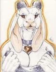 anthro big_ears breasts collar female horizontal_pupils horn pupils solo towel balorkin bovid caprine goat mammal