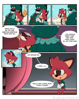 ambiguous_gender anthro blue_body bow_tie clothing dialogue dining_room female greeting hat headgear headwear inside male pink_body question red_body speech_bubble standing text awkward2eleven sega sonic_the_hedgehog_(series) the_murder_of_sonic_the_hedgehog amy_rose conductor_(sonic) canid canine eulipotyphlan hedgehog macropod mammal marsupial quokka absurd_res comic english_text hi_res