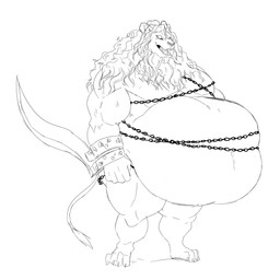 anthro belly big_belly blade chain huge_belly male mane musclegut muscular muscular_arms muscular_male overweight overweight_male sharp_teeth solo teeth reagan700 elden_ring fromsoftware felid lion mammal pantherine 1:1 character_request hi_res monochrome