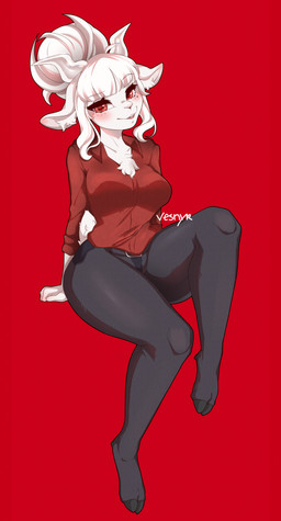 anthro bangs biped breasts chest_tuft clothed clothing cloven_hooves eyebrow_through_hair eyebrows eyelashes feet female fur hair hooves horn inner_ear_fluff legwear looking_at_viewer markings mole_(marking) pantyhose red_background red_clothing red_eyes red_shirt red_topwear scut_tail shirt short_tail simple_background sitting solo tail text toes topwear translucent translucent_hair tuft white_body white_fur white_hair white_inner_ear_fluff vesnyr helltaker goat_lucifer_(helltaker) bovid caprine goat mammal 2023 artist_name digital_media_(artwork) hi_res shaded