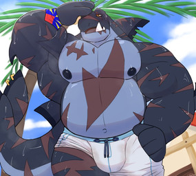 anthro black_sclera bodily_fluids bottomwear bulge clothed clothing dorsal_fin fangs fin fin_piercing furgonomic_piercing furgonomics grey_body hand_on_head hand_on_hip male musclegut muscular muscular_anthro muscular_arms muscular_male navel nipples non-mammal_navel non-mammal_nipples orange_eyes outside palm_tree pecs piercing plant scar scars_all_over shorts sky solo sweat tail tail_fin tail_piercing teeth thick_neck topless topless_anthro topless_male tree white_bottomwear white_clothing white_shorts wristband same22shark nelson_(same22shark) aquatic fish shark 2022 digital_media_(artwork)