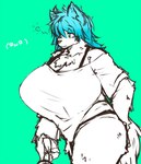 anthro big_breasts blue_eyes blue_hair breasts clothed clothing cyan_background female fur hair huge_breasts simple_background solo white_body white_fur amad_no_moto canid canine mammal