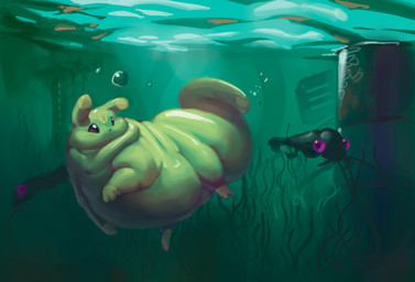 ambiguous_gender barbel_(anatomy) belly big_belly big_eyes big_tail black_body black_eyes bubble dewlap_(anatomy) feral glistening glistening_body green_body group huge_belly huge_tail kelp overweight overweight_ambiguous overweight_feral purple_eyes solo_focus squish swimming tail trio underwater underwater_scenery underwater_view water wet citrusslugcat rain_world videocult citrus_(slugcat) jetfish_(rain_world) slugcat digital_media_(artwork) green_theme hi_res restricted_palette