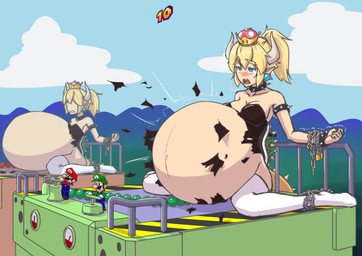 5_fingers armband belly big_belly blonde_hair blue_clothing blue_eyes blue_overalls blush bodily_fluids bound bracelet breasts chain chained clothed clothed_human clothed_male clothing collar crown ear_piercing eyebrows eyelashes female female_focus fingers fully_clothed fully_clothed_human fully_clothed_male green_clothing green_hat green_headwear green_shirt green_topwear group hair hat headgear headwear horn humanoid_pointy_ears inflation jewelry legwear male navel open_mouth outside overalls piercing pointy_ears ponytail red_clothing red_hat red_headwear red_shirt red_topwear shell shirt sitting spiked_armband spiked_bracelet spiked_collar spiked_shell spiked_tail spikes spikes_(anatomy) square_crossover standing super_crown tail tears teeth thick_eyebrows thigh_highs topwear torn_clothing colucolu bowsette_meme mario_bros mario_party_(series) mario_party_2 nintendo bowser luigi mario animal_humanoid human humanoid koopa_humanoid mammal scalie scalie_humanoid 2018 absurd_res colored digital_drawing_(artwork) digital_media_(artwork) hi_res meme brother_(lore) brothers_(lore) sibling_(lore) twins_(lore)