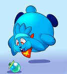 air_inflation ambiguous_gender anthro belly big_belly blimp_fruit_(super_mario_galaxy_2) blue_arms blue_body blue_fur blue_inner_ear blue_legs blue_nose blue_tongue blue_tuft buckteeth cyan_background floating fur happy head_tuft huge_belly inflated_belly inflation kerchief puffed_cheeks red_eyes simple_background solo teeth tongue tuft rindeadsong nintendo pokemon generation_8_pokemon pokemon_(species) raboot hi_res