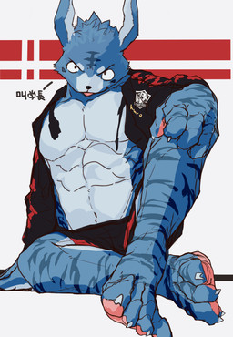 4_toes 5_fingers abs anthro biped black_background black_bottomwear black_clothing black_jacket black_shorts black_topwear blue_body blue_countershading blue_fur blue_inner_ear blue_markings blue_stripes bottomwear claws clothed clothed_anthro clothed_male clothing countershade_face countershade_hands countershade_legs countershade_torso countershading dot_eyes eyebrows facial_markings feet finger_claws fingerpads fingers forehead_markings front_view fully_clothed fully_clothed_anthro fully_clothed_male fur furrowed_eyebrows hand_on_knee hand_on_leg hand_on_own_knee hand_on_own_leg head_markings jacket looking_at_viewer male markings muscular muscular_anthro muscular_male navel open_clothing open_jacket open_mouth open_smile open_topwear pawpads pecs pink_pawpads plantigrade print_clothing print_jacket print_topwear red_bottomwear red_clothing red_jacket red_shorts red_text red_topwear shorts simple_background simple_eyes sitting smile solo striped_arms striped_body striped_hands striped_legs striped_torso stripes text text_on_clothing text_on_jacket text_on_topwear toe_claws toes topwear white_claws white_sclera kuromonsart kuro_(kuromonsart) lagomorph leporid mammal rabbit 2022 absurd_res artist_name character_name chinese_text digital_drawing_(artwork) digital_media_(artwork) full-length_portrait hi_res portrait translation_request