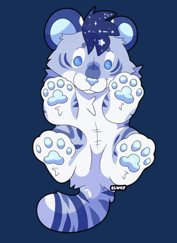 :3 ambiguous_gender bird's-eye_view blue_eyes cheek_tuft chibi facial_tuft feral fluffy fur hair high-angle_view lying on_back pawpads paws solo striped_body striped_fur stripes tuft cinnamonserval dream_(applepup) felid mammal pantherine tiger alpha_channel digital_drawing_(artwork) digital_media_(artwork) hi_res signature