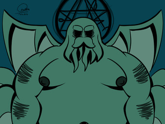belly big_belly cosmic_horror male overweight overweight_male fattydelta cthulhu_mythos h._p._lovecraft cthulhu aquatic cephalopod coleoid mollusk octopodiform octopus 4:3 absurd_res hi_res