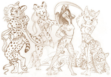 anthro armlet arms_tied bikini bound bracelet breasts clothed clothing ear_piercing ear_ring female group hair harem harem_outfit jewelry nipples nude piercing ring_piercing silk skimpy swimwear tail tight_clothing two-piece_swimsuit dark_natasha dhstein heather_bruton tiina_purin xianjaguar felid feline mammal serval 2006 artist_collaboration monochrome signature sketch traditional_media_(artwork)