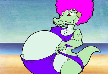 anthro big_breasts bikini bikini_bottom bikini_top breasts clothing ear_piercing ear_ring female green_body green_scales magenta_hair multicolored_body multicolored_scales navel nipple_outline non-mammal_breasts outie_navel piercing pregnant pregnant_anthro pregnant_female red_eyes ring_piercing scales solo swimwear teeth thick_thighs two-piece_swimsuit two_tone_body two_tone_scales virus-20 donkey_kong_(series) nintendo kalypso kremling scalie 2015 digital_media_(artwork)
