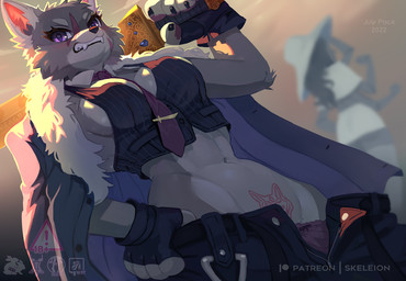 anthro bared_teeth big_breasts bottomwear breasts clothed clothing crossgender duo female female_focus fingerless_gloves gloves handwear jacket melee_weapon midriff mtf_crossgender necktie open_bottomwear open_clothing open_pants panties pants scar side_boob solo_focus sword tattoo topwear underwear vest weapon womb_tattoo skeleion elden_ring fromsoftware background_character blaidd_(elden_ring) ranni_the_witch canid canine canis mammal wolf 2022 digital_media_(artwork) shaded