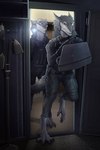 armor barefoot bulletproof_vest duo feet flashlight gun handgun inside lamp looking_aside looking_at_viewer ranged_weapon shield tactical_gear walking weapon dousbrata sergal absurd_res hi_res